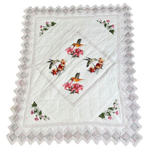 Handmade Machine Stitched Quilted Throw Hummingbird Cottage Garden 46 x 58 Stain